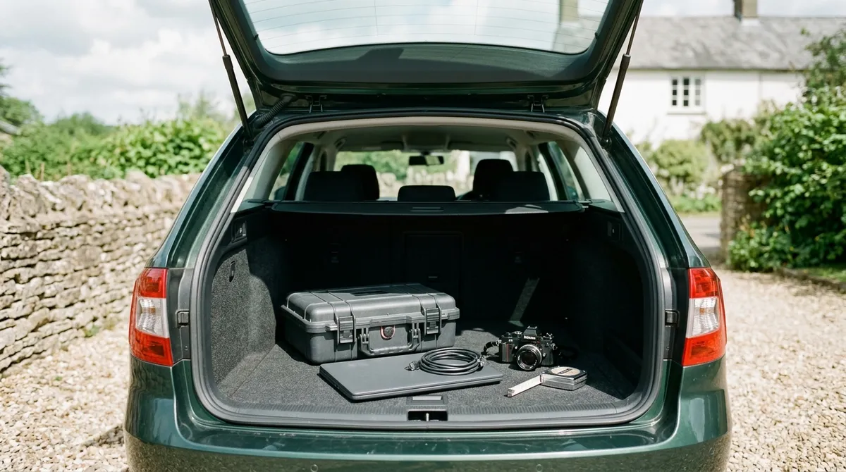 Valise de diagnostic et matériel professionnel dans un coffre de véhicule